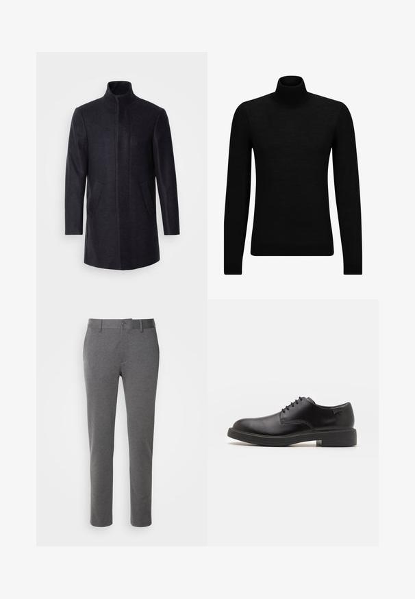 Isaac Dewhirst NEW COMFORT FUNNEL NECK COAT - Kratki kaputi - navy; Crni dukserica s visokim ovratnikom, napravljena od mekanog materijala, s dugim rukavima i priljubljenim krojem. Rebrasti detalji na donjem rubu i rukavima. Jednostavan dizajn.; Sive odijelo hlače od meke tkanine, s glatkom teksturom, prednjim džepovima i zatvaranjem na jedan gumb na struku.; Crne kožne cipele s vezanjem i zaobljenim vrhom, glatke teksture, minimalnim šavovima i niskim gumiranim potplatom. Logo se nalazi na peti.