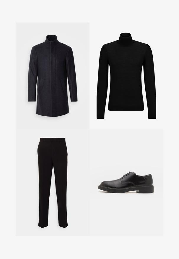 Isaac Dewhirst NEW COMFORT FUNNEL NECK COAT - Kratki kaputi - navy; Crni dukserica s visokim ovratnikom, napravljena od mekanog materijala, s dugim rukavima i priljubljenim krojem. Rebrasti detalji na donjem rubu i rukavima. Jednostavan dizajn.; Crne hlače ravnog kroja, s glatkom teksturom i bez vidljivih uzoraka ili dodataka. Klasičan dizajn s čistom siluetom.; Crne kožne cipele s vezanjem i zaobljenim vrhom, glatke teksture, minimalnim šavovima i niskim gumiranim potplatom. Logo se nalazi na peti.