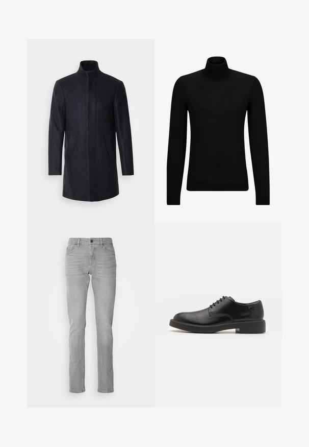 Isaac Dewhirst NEW COMFORT FUNNEL NECK COAT - Krátky kabát - navy; Čierny rolák vyrobený z jemného materiálu, s dlhými rukávmi a tesným strihom. Hranatý lem a manžety s ribbed úpravou. Jednoduchý dizajn.; Svetlošedé džínsy s rovnými nohavicami, s predným zapínaním na gombík, piatimi vreckami a jemnými vyblednutými detailmi.; Čierne kožené šnurovacie topánky s okrúhlou špičkou, hladkým povrchom, minimálnym prešívaním a nízkym gumovým podpätkom. Logo na podpätku.