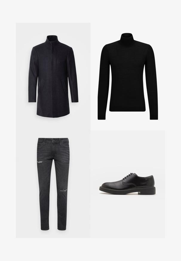 Isaac Dewhirst NEW COMFORT FUNNEL NECK COAT - Palton scurt - navy; Pulover negru cu guler înalt, realizat dintr-un material moale, cu mâneci lungi și o croială ajustată. Tiv și mansete cu margine ondulată. Design simplu.; Blugi skinny negri din denim, cu detalii uzate la genunchi, design cu cinci buzunare și închidere clasică cu nasture și fermoar.; Pantofii din piele neagră, cu șireturi, au vârful rotunjit, o textură netedă, cusături minime și un toc de cauciuc scăzut. Logo pe toc.