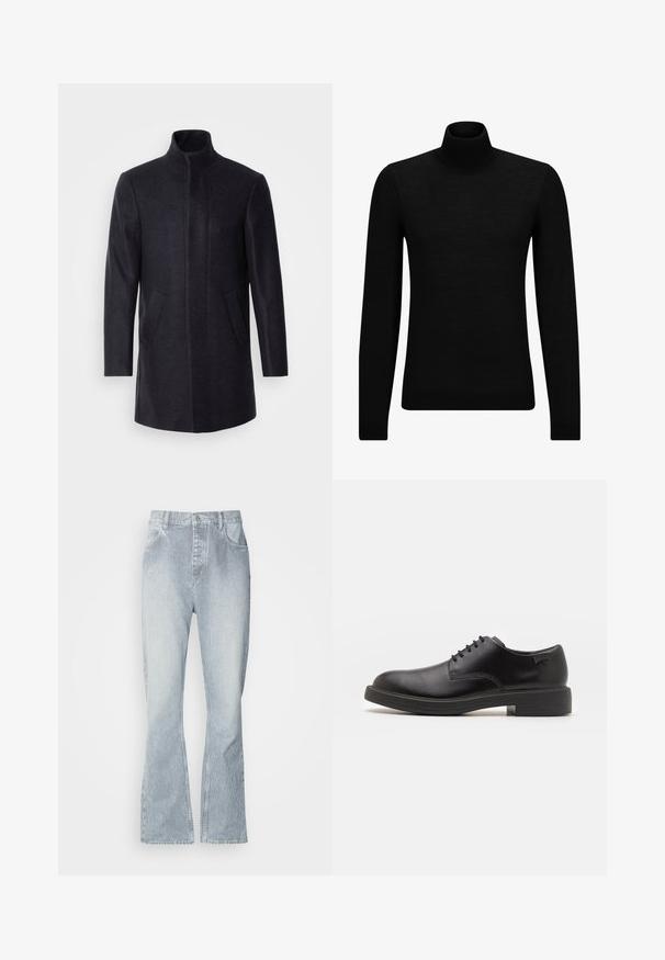 Isaac Dewhirst NEW COMFORT FUNNEL NECK COAT - Abrigo corto - navy; Jersey de cuello alto negro hecho de un material suave, con mangas largas y un ajuste ceñido. Ribete acanalado en el dobladillo y los puños. Diseño simple.; Jeans a rayas azul claro con un corte de pierna ancha, que presentan un cierre de botón, bolsillos frontales y un ligero desgaste en el dobladillo.; Zapato negro de cuero con cordones, punta redondeada, textura suave, costuras mínimas y tacón bajo de goma. Logo en el tacón.