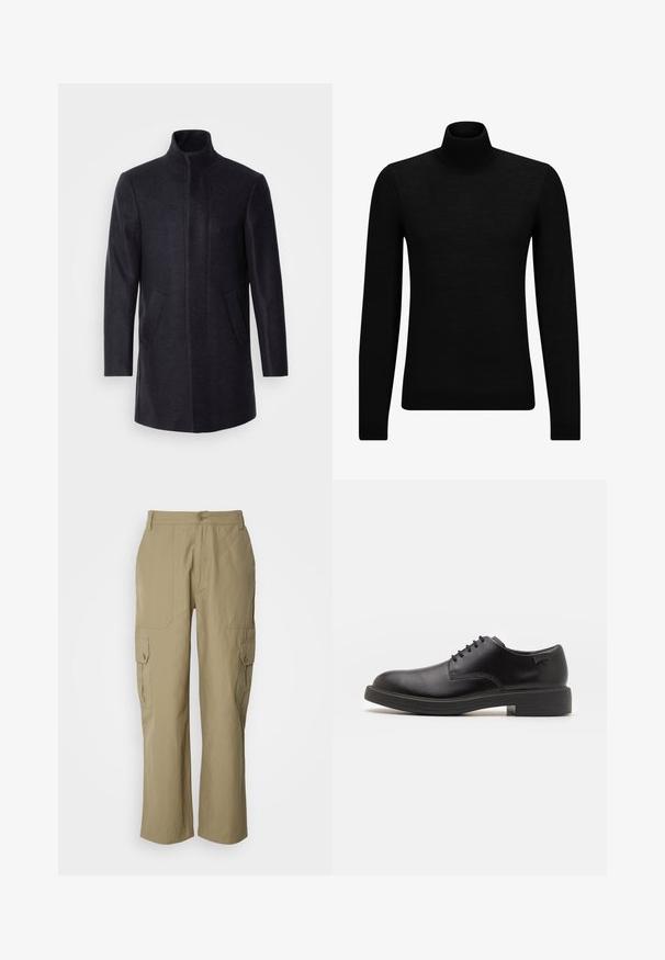 Isaac Dewhirst NEW COMFORT FUNNEL NECK COAT - Kratek plašč - navy; Črna turtleneck pulover iz mehkega materiala, z dolgimi rokavi in tesnim prileganjem. R ibana obroba na robu in rokavih. Preprosta zasnova.; Bež cargo hlače iz lahkega materiala, z dvema stranskima žepoma, z gumbom za zapiranje in ravnim krojem.; Črne usnjene čipkaste čevlje z zaobljenim nosom, gladko teksturo, minimalnim šitjem in nizkim gumijastim peto. Logo na peti.