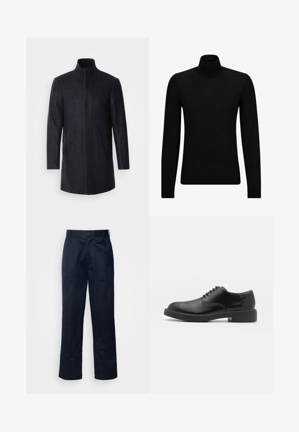 Isaac Dewhirst NEW COMFORT FUNNEL NECK COAT - Kratek plašč - navy; Črna turtleneck pulover iz mehkega materiala, z dolgimi rokavi in tesnim prileganjem. R ibana obroba na robu in rokavih. Preprosta zasnova.; BOSS KAI - Hlače chino - dark blue; Črne usnjene čipkaste čevlje z zaobljenim nosom, gladko teksturo, minimalnim šitjem in nizkim gumijastim peto. Logo na peti.