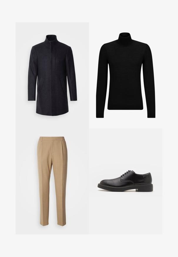 Isaac Dewhirst NEW COMFORT FUNNEL NECK COAT - Puspaltis - navy; Juodas aukšto kaklo megztinis, pagamintas iš minkštos medžiagos, su ilgomis rankovėmis ir prigludusia forma. Su raukiniais apačioje ir rankogaliuose. Paprastas dizainas.; Chaki spalvos pritaikytos kelnes su plokščiu priekiniu įsiuvimu, tiesiomis kojomis, subtilia tekstūra ir dviem priekinėmis kišenėmis. Pasižymi švariu, minimalistiniu dizainu.; Juodas odinis batų modelis su raišteliais, apvaliu nosiu, lygiu paviršiumi, minimaliai siuvinėjimu ir žemu guminėmis pakulne. Ant pakulnės šalia logo.