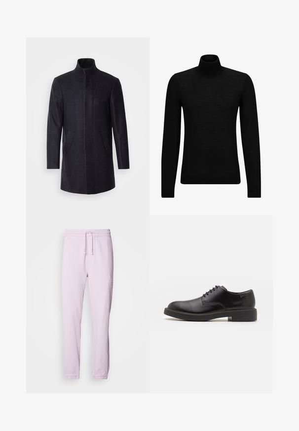 Isaac Dewhirst NEW COMFORT FUNNEL NECK COAT - Kort kåpe / frakk - navy; Svart genser med høy hals laget av mykt materiale, med lange ermer og en tettsittende passform. Ribbestrikket kant nederst og ved ermene. Enkelt design.; Lys rosa joggebukser laget av bomull, med elastisk midjebånd og snøring, ribbede ankler, og en subtil brodert logodetalj.; Svart lær snøre sko med rund tå, glatt tekstur, minimal søm, og lav gummihæl. Logo på hælen.