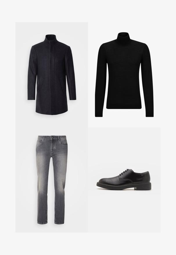 Isaac Dewhirst NEW COMFORT FUNNEL NECK COAT - Cappotto corto - navy; Maglione a collo alto nero realizzato in materiale morbido, con maniche lunghe e vestibilità aderente. Bordo a coste all'orlo e ai polsini. Design semplice.; Jeans in denim grigio con taglio dritto, caratterizzati da scoloriture sulle cosce, design a cinque tasche e chiusura con bottone argentato in vita.; Scarpa nera in pelle con lacci, punta tonda, texture liscia, cuciture minime e tacco in gomma basso. Logo sul tacco.