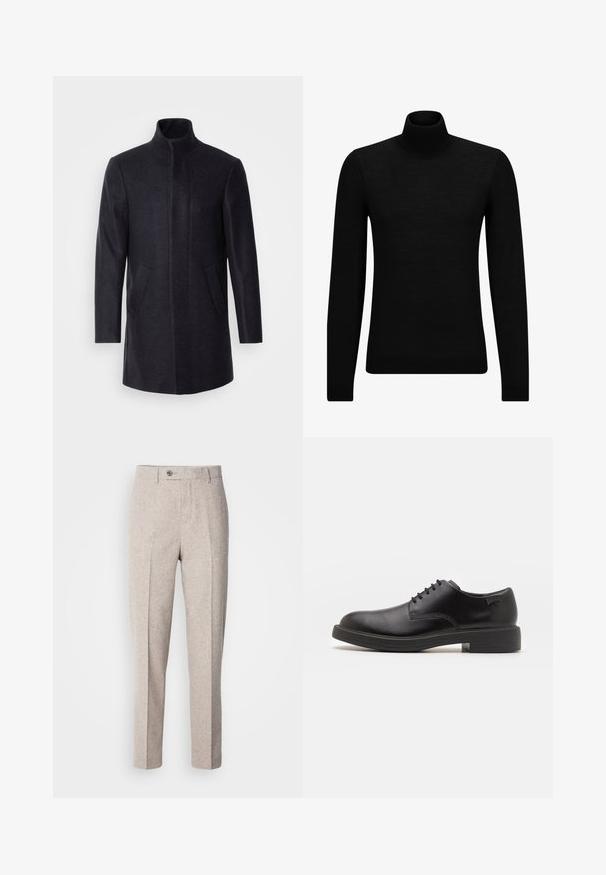 Isaac Dewhirst NEW COMFORT FUNNEL NECK COAT - Rövid kabát - navy; Fekete garbó pulóver puha anyagból, hosszú ujjakkal és szoros fazonnal. Ribbed díszítés az alján és az ujjak végén. Egyszerű dizájn.; Világos bézs gyapjú nadrág sima felülettel, egyenes szabással, elülső hajtásokkal és egy gombos záródással a deréknál.; Fekete bőrcipő, kerek orrú, sima felületű, minimális varrással és alacsony gumitalppal. Logó a sarokrészen.