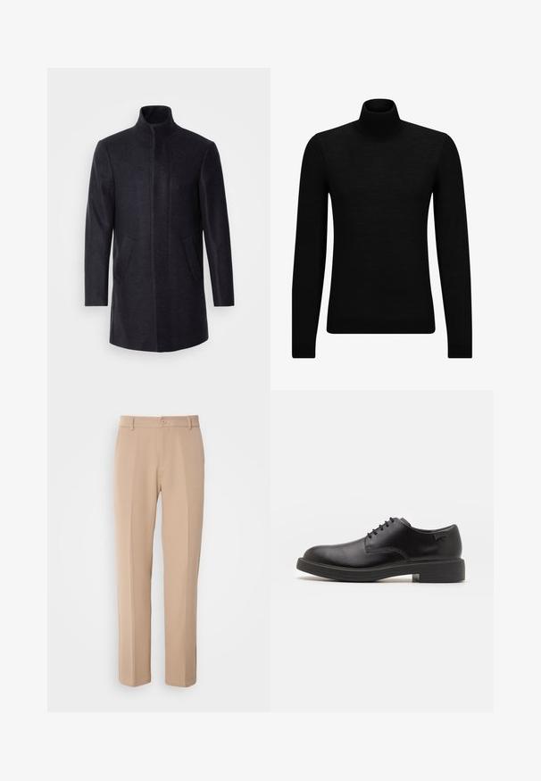 Isaac Dewhirst NEW COMFORT FUNNEL NECK COAT - Kort kappa / rock - navy; Svart polotröja gjord av mjukt material, med långa ärmar och en åtsittande passform. Ribbat avslut vid fåll och ärmslut. Enkelt mönster.; Beige byxor tillverkade av ett mjukt tyg, med rak bendesign, framknäppning och subtila veck längs framsidan.; Svart läder snörsko med rund tå, slät yta, minimal söm och låg gummihäl. Logotyp på hälen.