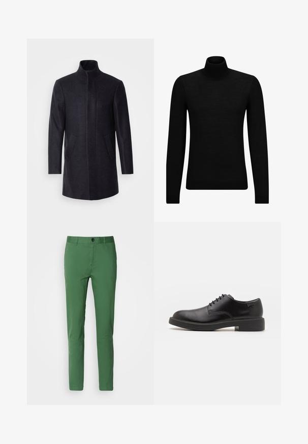 Isaac Dewhirst NEW COMFORT FUNNEL NECK COAT - Manteau court - navy; Pull à col roulé noir en matériau doux, avec des manches longues et une coupe ajustée. Finition côtelée au bas et aux poignets. Design simple.; Pantalons ajustés verts en tissu mélangé de coton, comportant une fermeture à boutons classique, des poches latérales et une texture lisse.; Chaussure noire en cuir à lacets avec un embout arrondi, texture lisse, piqures minimales et un petit talon en caoutchouc. Logo sur le talon.