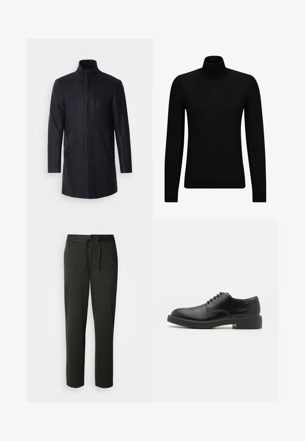 Isaac Dewhirst NEW COMFORT FUNNEL NECK COAT - Short coat - navy; Black turtleneck sweater made of soft material, featuring long sleeves and a snug fit. Ribbed trim at the hem and cuffs. Simple design.; Dark grey sweatpants made of soft cotton blend. Features elastic waistband with drawstring and side pockets. Straight-leg design.; Black leather lace-up shoe with a rounded toe, smooth texture, minimal stitching, and a low rubber heel. Logo on the heel.