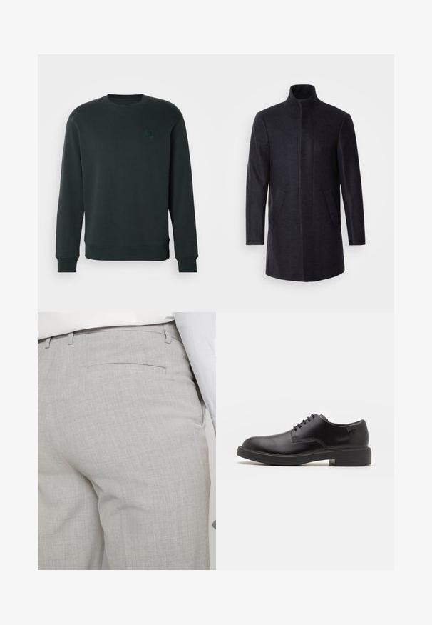 Isaac Dewhirst NEW COMFORT FUNNEL NECK COAT - Krátky kabát - navy; Scotch & Soda SEASONAL CORE BADGE LOGO CREW - Mikina - dark green; Svetlosivé nohavice na mieru vyrobené zo štruktúrovanej látky, s jedným zadným vreckom a čistým prešívaním.; Čierne kožené šnurovacie topánky s okrúhlou špičkou, hladkým povrchom, minimálnym prešívaním a nízkym gumovým podpätkom. Logo na podpätku.