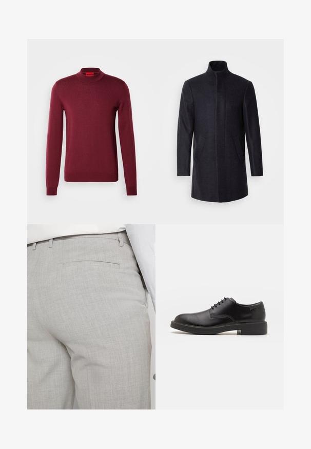 Isaac Dewhirst NEW COMFORT FUNNEL NECK COAT - Kurzmantel - navy; Burgunderfarbener, langärmeliger Pullover aus geripptem Strick, mit hohem Kragen und figurbetontem Schnitt sowie einem kleinen Logo am Saum.; Hellgraue, maßgeschneiderte Hose aus strukturiertem Stoff, mit einer einzelnen Gesäßtasche und sauberer Nahtführung.; Schwarzer Leder-Schnürschuh mit abgerundetem Zeh, glatter Textur, minimaler Naht und niedrigem Gummiabsatz. Logo auf der Ferse.