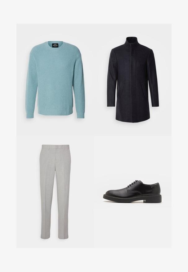 Isaac Dewhirst NEW COMFORT FUNNEL NECK COAT - Manteau court - navy; Mads Nørgaard VILHELM - Pullover - slate; Pantalons gris clair avec une texture lisse, devant plat et jambes droites. Fabriqués en tissu respirant, avec poches internes et passants de ceinture.; Chaussure noire en cuir à lacets avec un embout arrondi, texture lisse, piqures minimales et un petit talon en caoutchouc. Logo sur le talon.