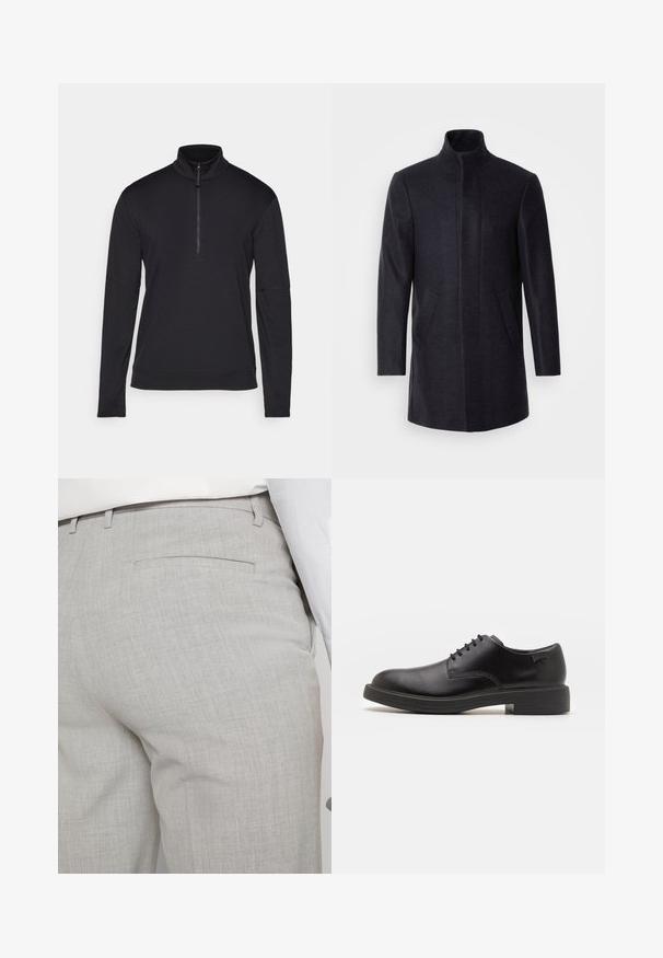 Isaac Dewhirst NEW COMFORT FUNNEL NECK COAT - Rövid kabát - navy; Fekete, hosszúujjú pulóver, cipzáros gallérral, puha anyagból készült, lapos varrásokkal és laza szabással a kényelem érdekében.; Világosszürke, texturált anyagból készült szabott nadrág, egyetlen hátsó zsebbel és tiszta varrással.; Fekete bőrcipő, kerek orrú, sima felületű, minimális varrással és alacsony gumitalppal. Logó a sarokrészen.