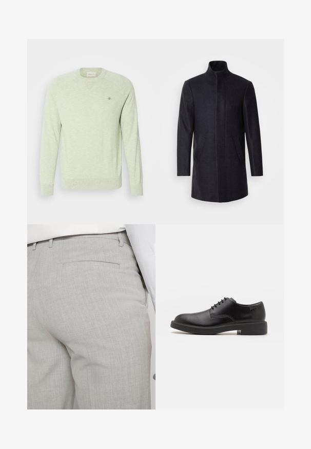 Isaac Dewhirst NEW COMFORT FUNNEL NECK COAT - Κοντό παλτό - navy; Απαλό πράσινο πουλόβερ κατασκευασμένο από μαλακό υλικό, με στρογγυλή λαιμόκοψη, ριμπ μανσέτες και ένα μικρό λογότυπο στο στήθος, με χαλαρή εφαρμογή.; Ανοιχτό γκρι, ραμμένο παντελόνι από υφή ύφασμα, με μία τσέπη στο πίσω μέρος και καθαρή ραφή.; Μαύρο δερμάτινο παπούτσι με κορδόνια, με στρογγυλή μύτη, λεία υφή, ελάχιστη ραφή και χαμηλή καουτσούκ σόλα. Λογότυπο στη σόλα.