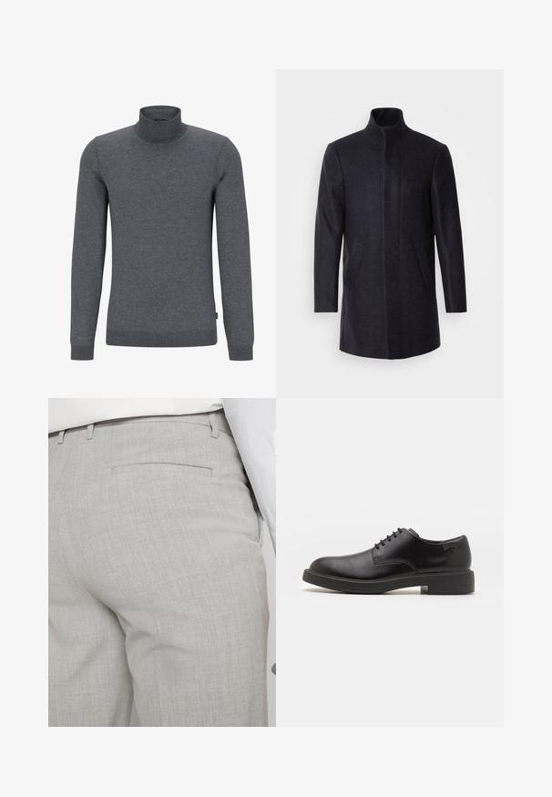 Isaac Dewhirst NEW COMFORT FUNNEL NECK COAT - Lühike jakk - navy; Hall hallhalli sweater pehmest kudumisest. Omab pikki varrukasid, ribatud kraed ja regulaarset lõike, millel on sile tekstuur.; Heledat hallid kohandatud püksid tekstuurse kangaga, millel on üks tagatasku ja puhas õmblus.; Must beemel levalis kingad ümarate varvastega, sileda pinnaga, minimaalsete õmblustega ja madala kummist kontsaga. Logo kontsa peal.