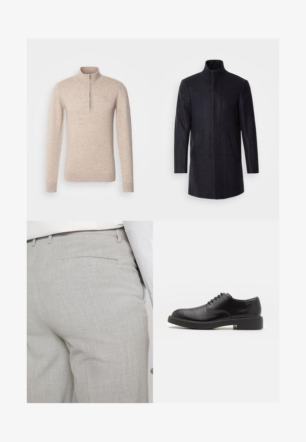 Isaac Dewhirst NEW COMFORT FUNNEL NECK COAT - Puspaltis - navy; INDICODE JEANS Džemperis - beige mix; Šviesiai pilkos spalvos pritaikytos kelnės iš faktūrinės medžiagos, turinčios vieną užpakalinę kišenę ir tvarkingus siūlus.; Juodas odinis batų modelis su raišteliais, apvaliu nosiu, lygiu paviršiumi, minimaliai siuvinėjimu ir žemu guminėmis pakulne. Ant pakulnės šalia logo.