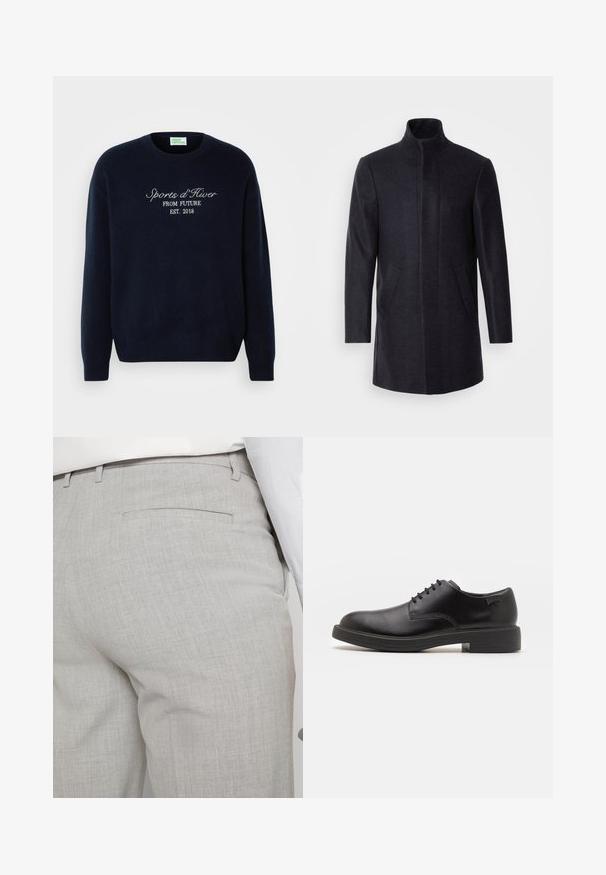 Isaac Dewhirst NEW COMFORT FUNNEL NECK COAT - Palton scurt - navy; Pulover bleumarin, confecționat dintr-un material moale, cu un guler clasic rotund și text brodat: "Sports d'Hiver FROM FUTURE EST. 2018."; Pantaloni gri deschis croiți, dintr-un material texturat, cu un singur buzunar pe spate și cusături curate.; Pantofii din piele neagră, cu șireturi, au vârful rotunjit, o textură netedă, cusături minime și un toc de cauciuc scăzut. Logo pe toc.