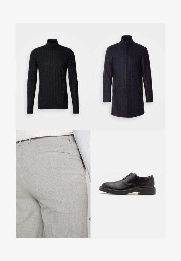 Isaac Dewhirst NEW COMFORT FUNNEL NECK COAT - Abrigo corto - navy; Suéter de cuello alto negro con un patrón de diamantes texturizado, hecho de material de punto, que presenta mangas largas y una silueta ajustada.; Pantalones grises claros a medida hechos de tela texturizada, con un solo bolsillo trasero y costuras limpias.; Zapato negro de cuero con cordones, punta redondeada, textura suave, costuras mínimas y tacón bajo de goma. Logo en el tacón.