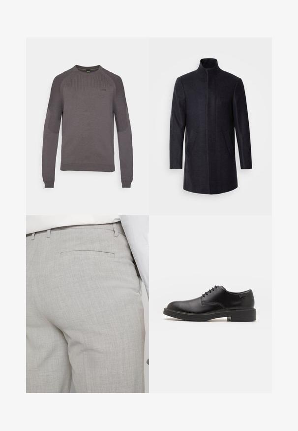 Isaac Dewhirst NEW COMFORT FUNNEL NECK COAT - Kurzmantel - navy; Grauer Pullover mit gerippter Textur an Schultern und Ärmeln, rundem Halsausschnitt und dezentem Logo-Detail auf der Brust. Lange Ärmel, taillierte Passform.; Hellgraue, maßgeschneiderte Hose aus strukturiertem Stoff, mit einer einzelnen Gesäßtasche und sauberer Nahtführung.; Schwarzer Leder-Schnürschuh mit abgerundetem Zeh, glatter Textur, minimaler Naht und niedrigem Gummiabsatz. Logo auf der Ferse.