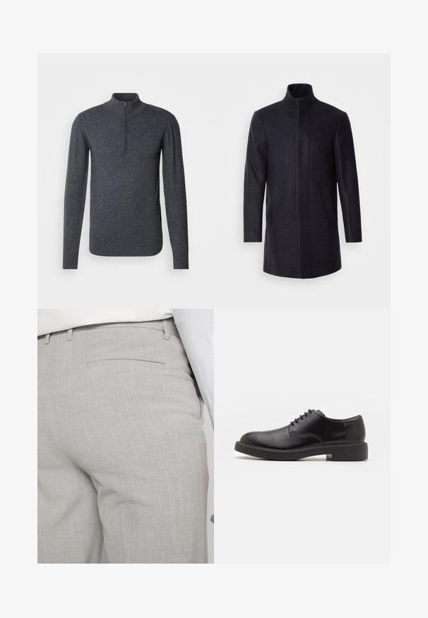 Isaac Dewhirst NEW COMFORT FUNNEL NECK COAT - Palton scurt - navy; INDICODE JEANS Pulover - charcoal mix; Pantaloni gri deschis croiți, dintr-un material texturat, cu un singur buzunar pe spate și cusături curate.; Pantofii din piele neagră, cu șireturi, au vârful rotunjit, o textură netedă, cusături minime și un toc de cauciuc scăzut. Logo pe toc.