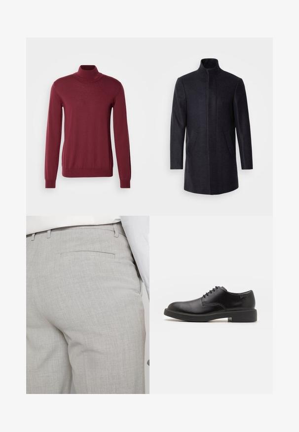 Isaac Dewhirst NEW COMFORT FUNNEL NECK COAT - Kort kåpe / frakk - navy; HUGO SAN THOMAS - Strikkegenser - dark pink; Lysegrå skreddersydde bukser laget av teksturert stoff, med en enkelt baklomme og rene sømmer.; Svart lær snøre sko med rund tå, glatt tekstur, minimal søm, og lav gummihæl. Logo på hælen.