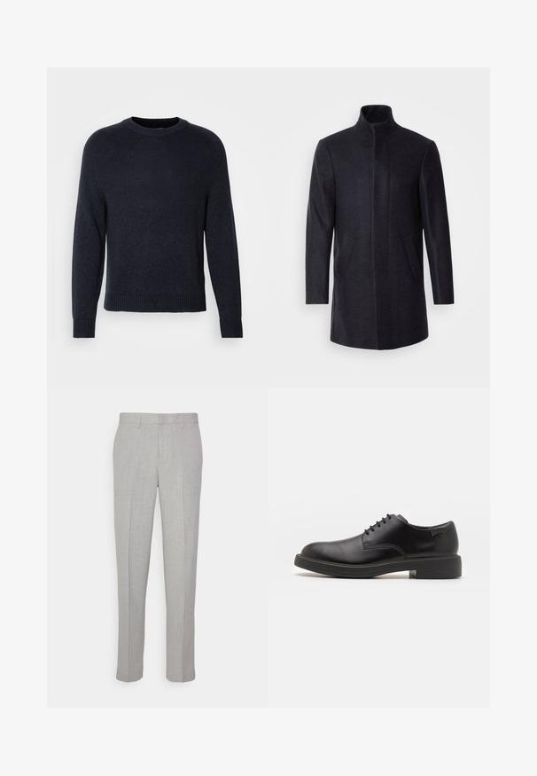 Isaac Dewhirst NEW COMFORT FUNNEL NECK COAT - Short coat - navy; Marc O'Polo DENIM LONGSLEEVE CREWNECK - Jumper - dark blue; Light gray trousers with a smooth texture, flat front, and straight legs. Made of breathable fabric, featuring internal pockets and belt loops.; Black leather lace-up shoe with a rounded toe, smooth texture, minimal stitching, and a low rubber heel. Logo on the heel.