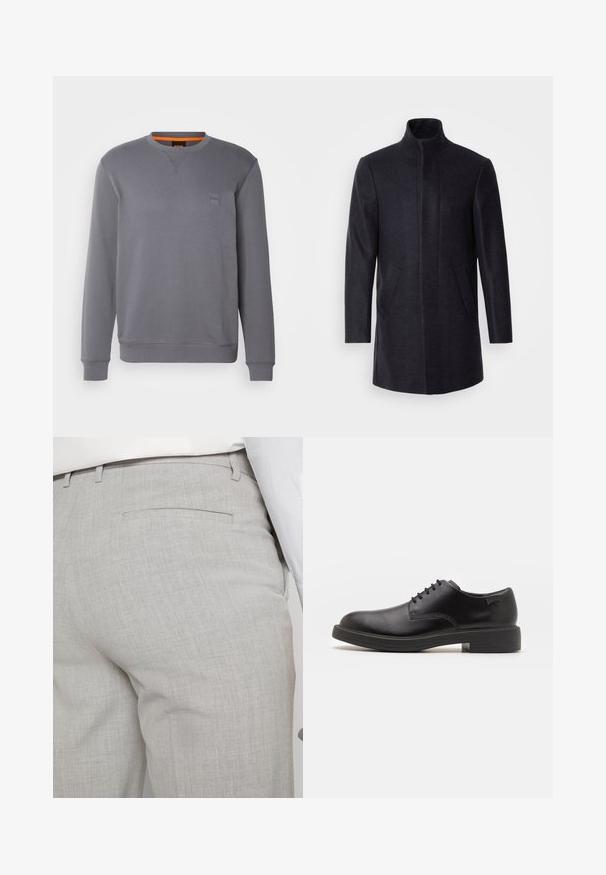 Isaac Dewhirst NEW COMFORT FUNNEL NECK COAT - Cappotto corto - navy; BOSS WESTART - Felpa - dark grey; Pantaloni sartoriali grigio chiaro realizzati in tessuto strutturato, con una tasca posteriore singola e cuciture pulite.; Scarpa nera in pelle con lacci, punta tonda, texture liscia, cuciture minime e tacco in gomma basso. Logo sul tacco.