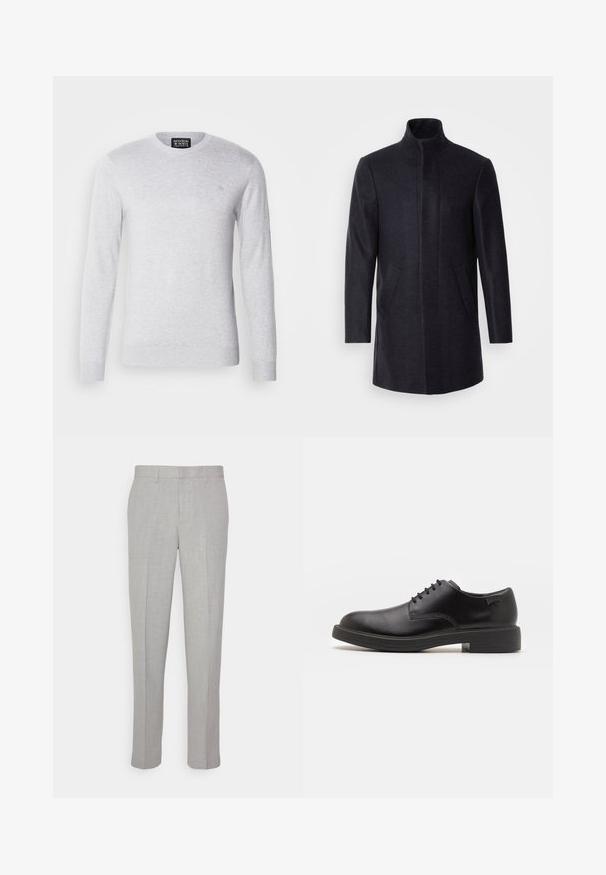 Isaac Dewhirst NEW COMFORT FUNNEL NECK COAT - Kurzmantel - navy; Hellgrauer, gestrickter Pullover mit langen Ärmeln, Rundhalsausschnitt und einem kleinen, auf der Brust gestickten Logo. Weicher Stoff, lässiges Design.; Hellgraue Hose mit glatter Textur, flachem Front und geraden Beinen. Aus atmungsaktivem Material gefertigt, mit Innentaschen und Gürtelschlaufen.; Schwarzer Leder-Schnürschuh mit abgerundetem Zeh, glatter Textur, minimaler Naht und niedrigem Gummiabsatz. Logo auf der Ferse.