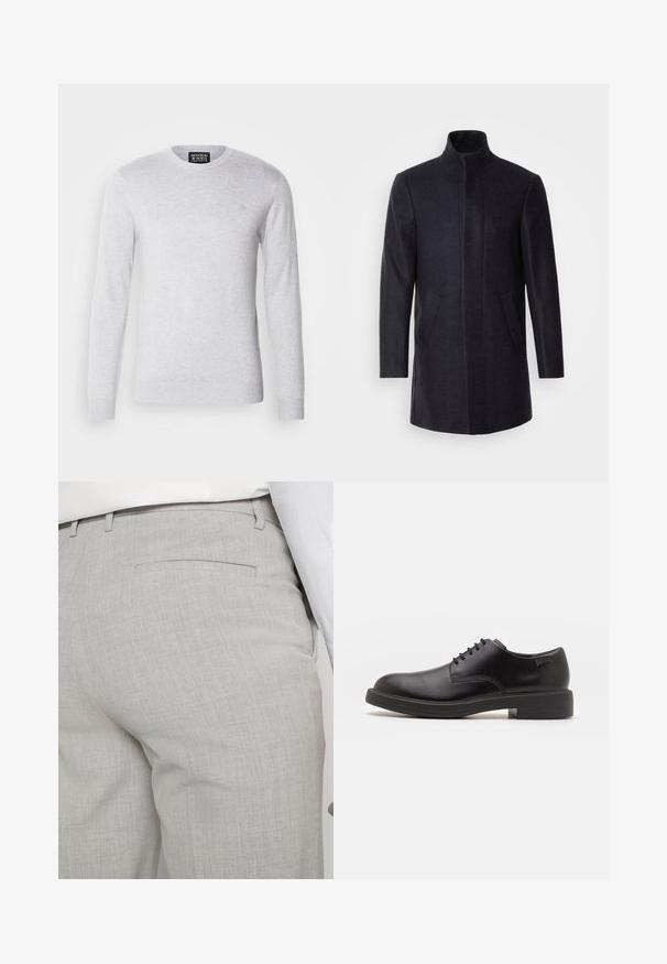 Isaac Dewhirst NEW COMFORT FUNNEL NECK COAT - Manteau court - navy; Pull en maille gris clair avec des manches longues, un col rond et un petit logo brodé sur la poitrine. Texture douce, design décontracté.; Pantalon gris clair sur mesure en tissu texturé, avec une seule poche arrière et des coutures nettes.; Chaussure noire en cuir à lacets avec un embout arrondi, texture lisse, piqures minimales et un petit talon en caoutchouc. Logo sur le talon.