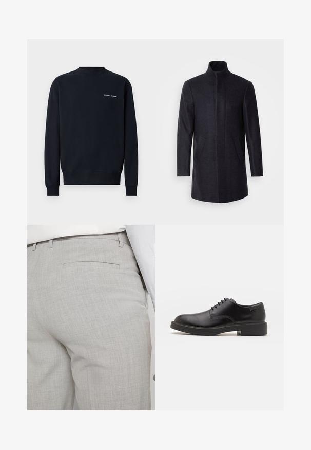 Isaac Dewhirst NEW COMFORT FUNNEL NECK COAT - Krátky kabát - navy; Tmavomodrá mikina vyrobená z bavlny. Má okrúhly výstrih, dlhé rukávy a dva malé biele logá značky na hornej ľavej strane hrudníka.; Svetlosivé nohavice na mieru vyrobené zo štruktúrovanej látky, s jedným zadným vreckom a čistým prešívaním.; Čierne kožené šnurovacie topánky s okrúhlou špičkou, hladkým povrchom, minimálnym prešívaním a nízkym gumovým podpätkom. Logo na podpätku.