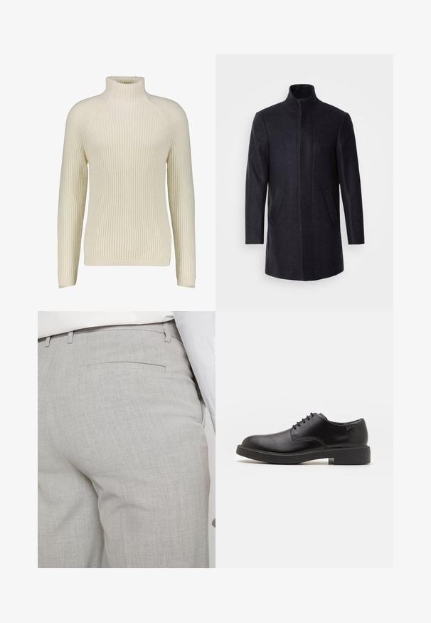 Isaac Dewhirst NEW COMFORT FUNNEL NECK COAT - Manteau court - navy; DRYKORN ARVID - Pullover - offwhite; Pantalon gris clair sur mesure en tissu texturé, avec une seule poche arrière et des coutures nettes.; Chaussure noire en cuir à lacets avec un embout arrondi, texture lisse, piqures minimales et un petit talon en caoutchouc. Logo sur le talon.