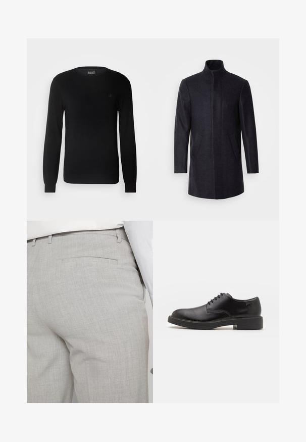 Isaac Dewhirst NEW COMFORT FUNNEL NECK COAT - Manteau court - navy; Pull en maille noir avec un col rond, des manches longues et un petit logo brodé sur la poitrine. Texture douce et coupe ajustée.; Pantalon gris clair sur mesure en tissu texturé, avec une seule poche arrière et des coutures nettes.; Chaussure noire en cuir à lacets avec un embout arrondi, texture lisse, piqures minimales et un petit talon en caoutchouc. Logo sur le talon.