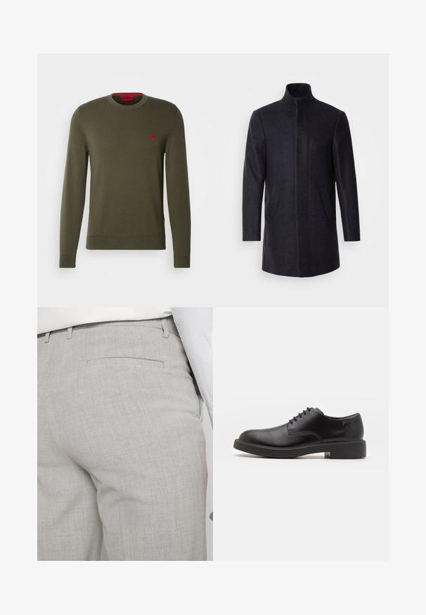 Isaac Dewhirst NEW COMFORT FUNNEL NECK COAT - Short coat - navy; HUGO SAN CASSIUS - Jumper - dark beige; Light gray tailored trousers made of textured fabric, featuring a single back pocket and clean stitching.; Black leather lace-up shoe with a rounded toe, smooth texture, minimal stitching, and a low rubber heel. Logo on the heel.