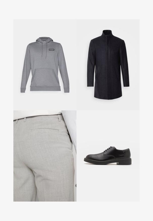 Isaac Dewhirst NEW COMFORT FUNNEL NECK COAT - Kort kappa / rock - navy; Columbia MERIDIAN CREEK™ HOODIE - Luvtröja - grey heather; Ljusgrå skräddarsydda byxor av texturerat tyg med en enda bakficka och rena sömmar.; Svart läder snörsko med rund tå, slät yta, minimal söm och låg gummihäl. Logotyp på hälen.