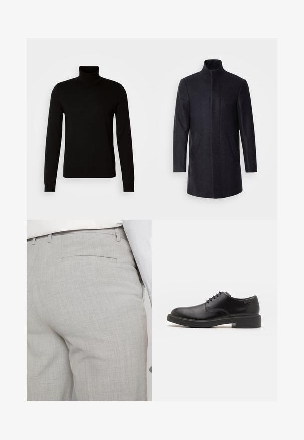 Isaac Dewhirst NEW COMFORT FUNNEL NECK COAT - Pitkä takki - navy; Musta poolapaita, joka on valmistettu hienosta neulekankaasta ja jossa on pitkät hihat sekä istuva siluetti. Sileä pinta ja röyhelöidyt hihansuut.; Vaaleanharmaat räätälöidyt housut tekstuuripintaisesta kankaasta, joissa on yksi takatasku ja siistit saumat.; Mustat nahkasaappaat, joissa on pyöreä kärki, sileä pinta, minimaalinen ommel ja matala kumipohja. Logo kannassa.