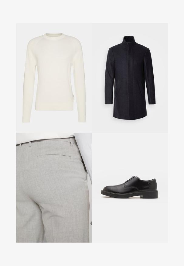 Isaac Dewhirst NEW COMFORT FUNNEL NECK COAT - Short coat - navy; Cream-colored knit sweater with long raglan sleeves, a crew neckline, and ribbed cuffs. The fabric has a textured pattern and a subtle logo detail at the hem.; Light gray tailored trousers made of textured fabric, featuring a single back pocket and clean stitching.; Black leather lace-up shoe with a rounded toe, smooth texture, minimal stitching, and a low rubber heel. Logo on the heel.