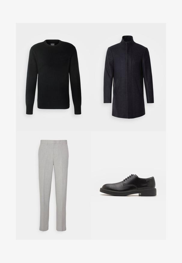 Isaac Dewhirst NEW COMFORT FUNNEL NECK COAT - Kurzmantel - navy; Schwarzer Strickpullover mit langen Ärmeln, rundem Halsausschnitt, gerippten Bündchen und Saum, ausgestattet mit einem kleinen Logoetikett unten links.; Hellgraue Hose mit glatter Textur, flachem Front und geraden Beinen. Aus atmungsaktivem Material gefertigt, mit Innentaschen und Gürtelschlaufen.; Schwarzer Leder-Schnürschuh mit abgerundetem Zeh, glatter Textur, minimaler Naht und niedrigem Gummiabsatz. Logo auf der Ferse.