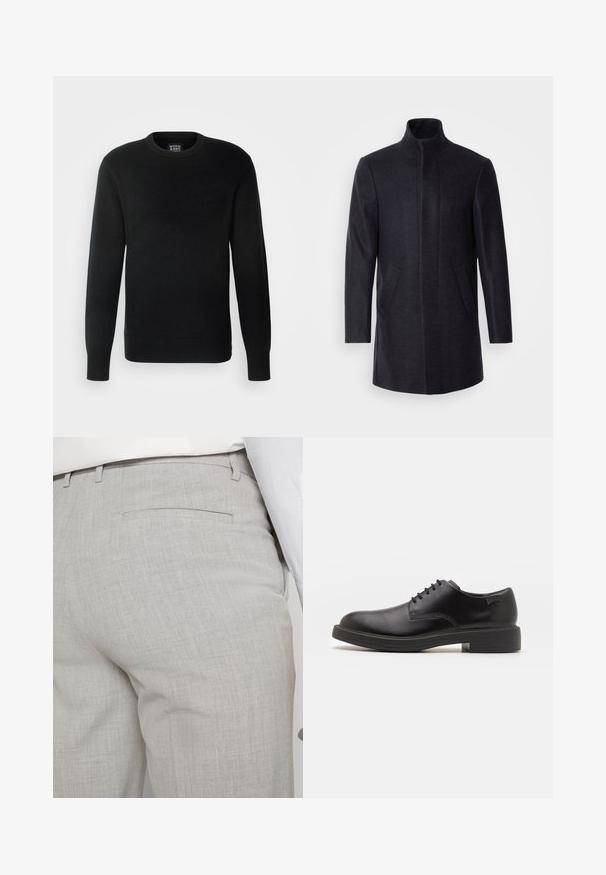 Isaac Dewhirst NEW COMFORT FUNNEL NECK COAT - Pitkä takki - navy; Musta neulepaita pitkillä hihoilla, pyöreällä kaula-aukolla, ribbireunuksilla hihoissa ja helmassa, jossa on pieni logotarran alareunassa vasemmalla.; Vaaleanharmaat räätälöidyt housut tekstuuripintaisesta kankaasta, joissa on yksi takatasku ja siistit saumat.; Mustat nahkasaappaat, joissa on pyöreä kärki, sileä pinta, minimaalinen ommel ja matala kumipohja. Logo kannassa.