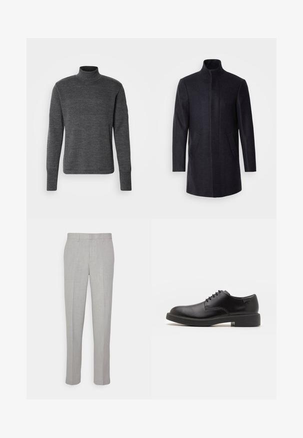 Isaac Dewhirst NEW COMFORT FUNNEL NECK COAT - Manteau court - navy; Mads Nørgaard KLEMENS  - Pullover - charcoal melange; Pantalons gris clair avec une texture lisse, devant plat et jambes droites. Fabriqués en tissu respirant, avec poches internes et passants de ceinture.; Chaussure noire en cuir à lacets avec un embout arrondi, texture lisse, piqures minimales et un petit talon en caoutchouc. Logo sur le talon.