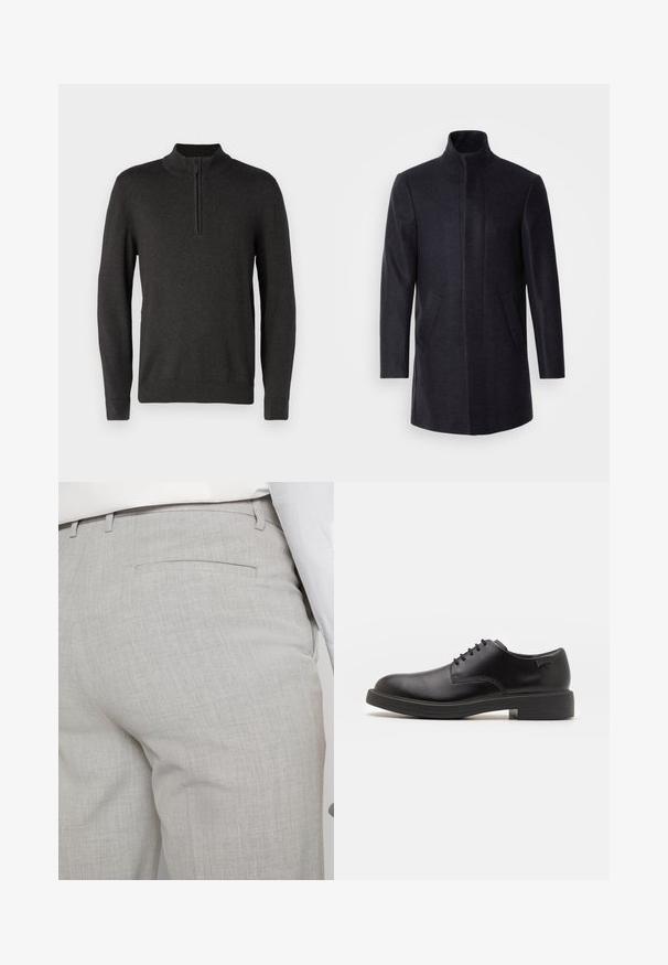 Isaac Dewhirst NEW COMFORT FUNNEL NECK COAT - Short coat - navy; Dark gray pullover sweater with a stand-up collar and half-zip front. Made from a soft knit fabric, featuring ribbed cuffs and hem.; Light gray tailored trousers made of textured fabric, featuring a single back pocket and clean stitching.; Black leather lace-up shoe with a rounded toe, smooth texture, minimal stitching, and a low rubber heel. Logo on the heel.