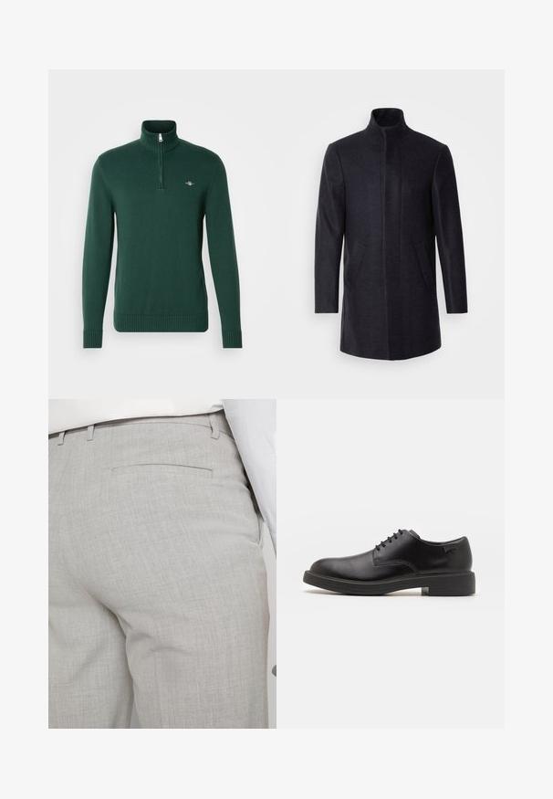 Isaac Dewhirst NEW COMFORT FUNNEL NECK COAT - Cappotto corto - navy; GANT CASUAL HALF ZIP - Maglione - tartan green; Pantaloni sartoriali grigio chiaro realizzati in tessuto strutturato, con una tasca posteriore singola e cuciture pulite.; Scarpa nera in pelle con lacci, punta tonda, texture liscia, cuciture minime e tacco in gomma basso. Logo sul tacco.