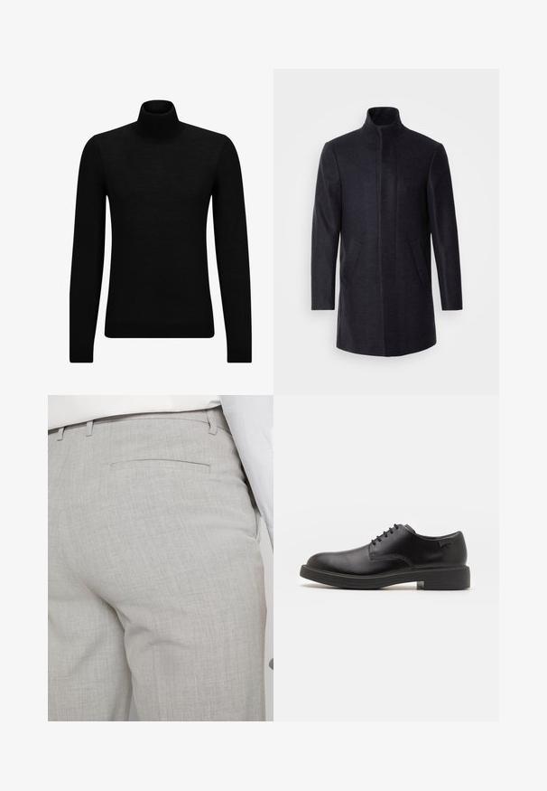 Isaac Dewhirst NEW COMFORT FUNNEL NECK COAT - Pitkä takki - navy; Mustahuivi neule, joka on valmistettu pehmeästä materiaalista, jossa on pitkät hihat ja tiukka istuvuus. Ribbaus reunassa ja hihansuissa. Yksinkertainen muotoilu.; Vaaleanharmaat räätälöidyt housut tekstuuripintaisesta kankaasta, joissa on yksi takatasku ja siistit saumat.; Mustat nahkasaappaat, joissa on pyöreä kärki, sileä pinta, minimaalinen ommel ja matala kumipohja. Logo kannassa.