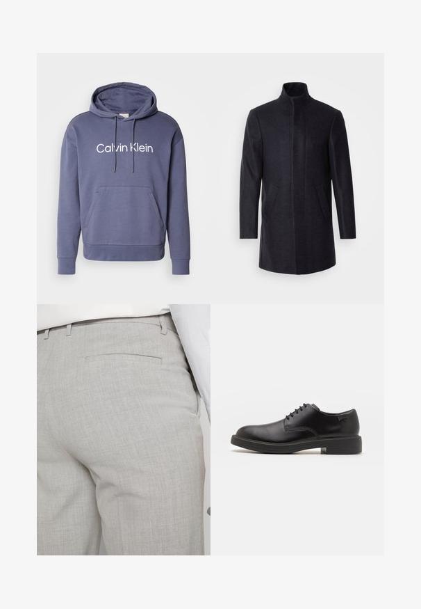 Isaac Dewhirst NEW COMFORT FUNNEL NECK COAT - Krátky kabát - navy; Navy modrá mikina z bavlnenej zmesi, s prednou klokankou, kapucňou na šnúrku a bielym logom "Calvin Klein" potlačeným na hrudi.; Svetlosivé nohavice na mieru vyrobené zo štruktúrovanej látky, s jedným zadným vreckom a čistým prešívaním.; Čierne kožené šnurovacie topánky s okrúhlou špičkou, hladkým povrchom, minimálnym prešívaním a nízkym gumovým podpätkom. Logo na podpätku.