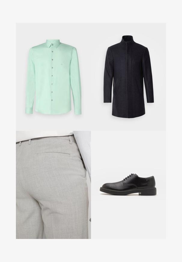 Isaac Dewhirst NEW COMFORT FUNNEL NECK COAT - Īss mētelis - navy; Calvin Klein Formāls krekls - lichen; Gaiši pelēkas pielāgotas bikses no teksturēta auduma, ar vienu aizmugurējo kabatu un tīru šuvju apdari.; Melna āda sašūta kurpe ar noapaļotu purngalu, gludu tekstūru, minimālu šuvju skaitu un zemu gumijas papēdi. Logo uz papēža.
