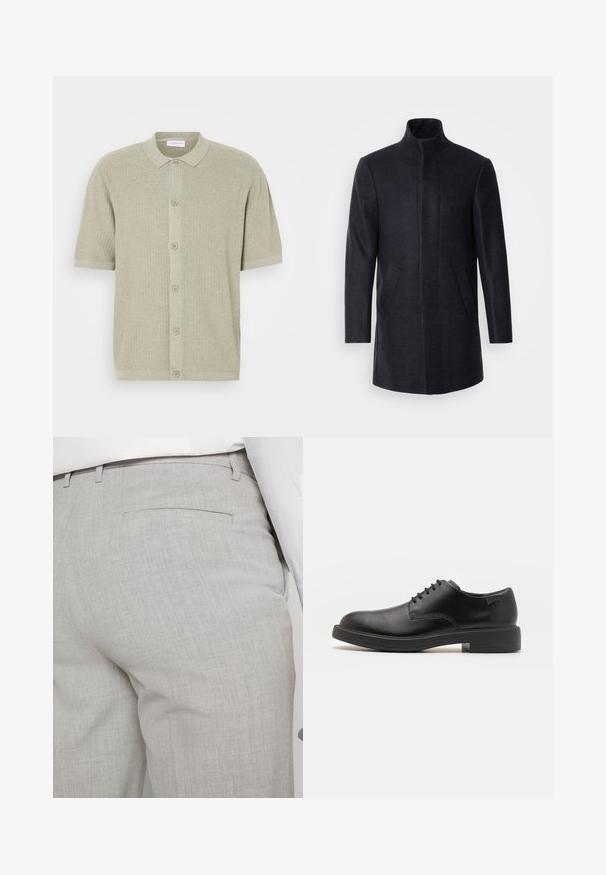 Isaac Dewhirst NEW COMFORT FUNNEL NECK COAT - Cappotto corto - navy; Maglione a maniche corte, con colletto, in maglione a costine di un verde chiaro. Presenta una chiusura con bottoni e una trama testurizzata con un design pulito e informale.; Pantaloni sartoriali grigio chiaro realizzati in tessuto strutturato, con una tasca posteriore singola e cuciture pulite.; Scarpa nera in pelle con lacci, punta tonda, texture liscia, cuciture minime e tacco in gomma basso. Logo sul tacco.