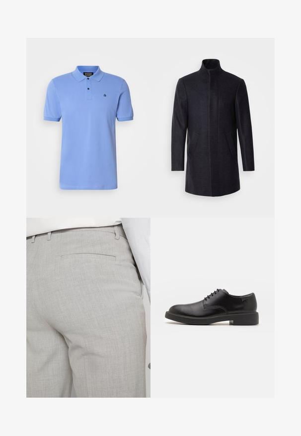 Isaac Dewhirst NEW COMFORT FUNNEL NECK COAT - Krátky kabát - navy; Svetlo modrá polo košeľa vyrobená z bavlny, s gombíkovou légou, krátkymi rukávmi, ribovaným golierom a malým vyšitým logom na hrudi.; Svetlosivé nohavice na mieru vyrobené zo štruktúrovanej látky, s jedným zadným vreckom a čistým prešívaním.; Čierne kožené šnurovacie topánky s okrúhlou špičkou, hladkým povrchom, minimálnym prešívaním a nízkym gumovým podpätkom. Logo na podpätku.