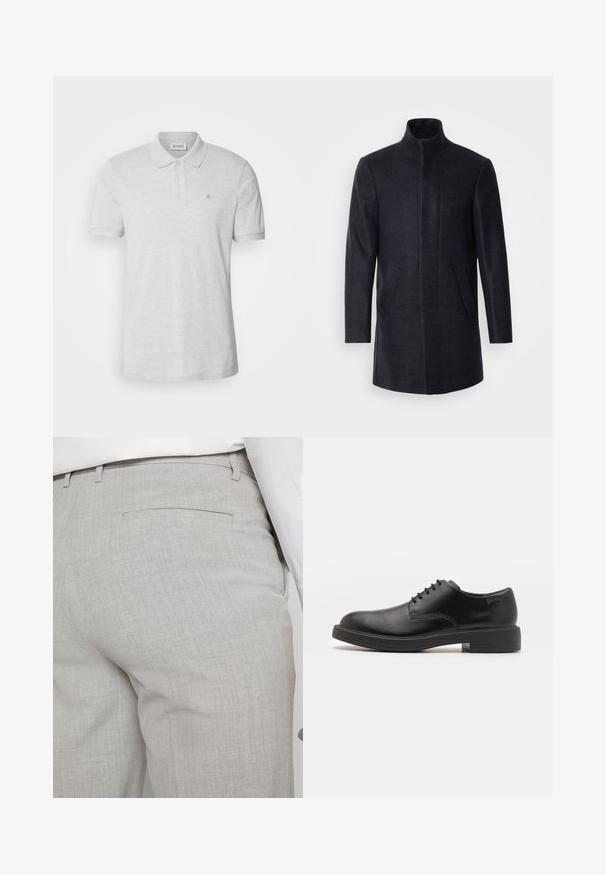 Isaac Dewhirst NEW COMFORT FUNNEL NECK COAT - Krátky kabát - navy; Sivá polo tričko vyrobené z bavlny, s klasickým golierom, dvojgombíkovou légou a malým vyšitým logom na ľavej hrudi.; Svetlosivé nohavice na mieru vyrobené zo štruktúrovanej látky, s jedným zadným vreckom a čistým prešívaním.; Čierne kožené šnurovacie topánky s okrúhlou špičkou, hladkým povrchom, minimálnym prešívaním a nízkym gumovým podpätkom. Logo na podpätku.