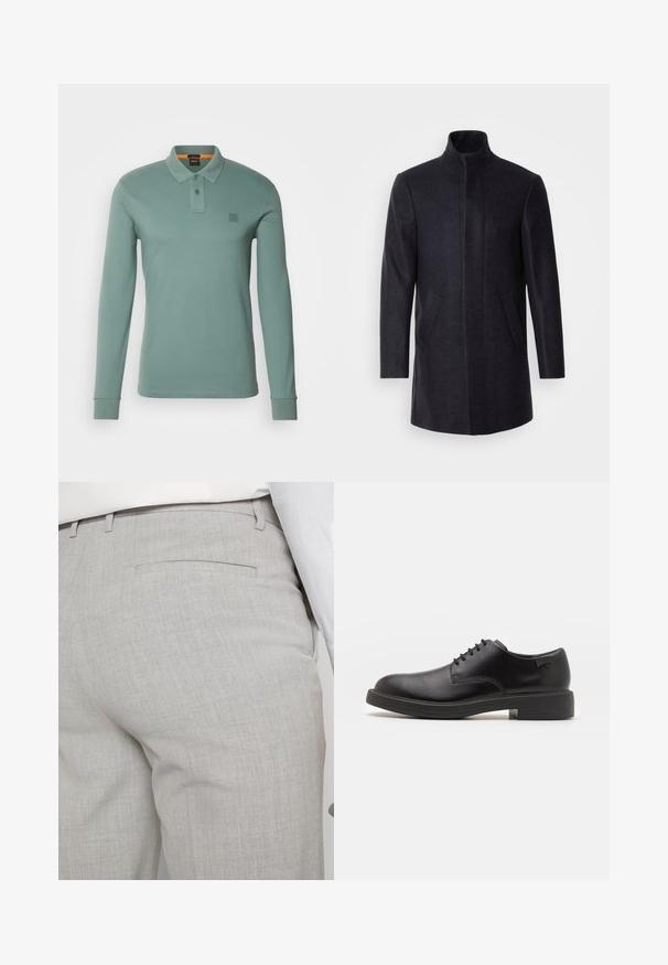 Isaac Dewhirst NEW COMFORT FUNNEL NECK COAT - Short coat - navy; BOSS PASSERBY - Polo shirt - open green; Light gray tailored trousers made of textured fabric, featuring a single back pocket and clean stitching.; Black leather lace-up shoe with a rounded toe, smooth texture, minimal stitching, and a low rubber heel. Logo on the heel.