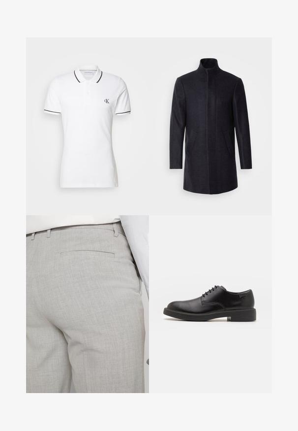 Isaac Dewhirst NEW COMFORT FUNNEL NECK COAT - Kort kappa / rock - navy; Vit polo t-shirt i bomull, med svart kant på kragen och ärmarna, samt en liten CK-logotyp på vänster bröst.; Ljusgrå skräddarsydda byxor av texturerat tyg med en enda bakficka och rena sömmar.; Svart läder snörsko med rund tå, slät yta, minimal söm och låg gummihäl. Logotyp på hälen.